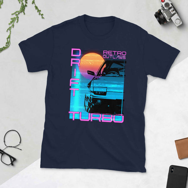 This is our classic Turbo T-Shirt, a tribute to the greatest era of Japanese cars - the 90's. The premium image of the legendary 200sx Type X really makes this shirt pop. The synthwave design give this Drift Shirt a timeless look making it the ideal Car accessory accompaniment and must-have fashion basic for every closet. Ideal for Japanese Car Gift, Cars shirt, car merchandise, Racing shirt, jdm men shirt, and car apparel for men.