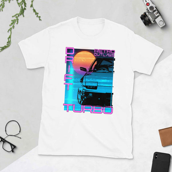 This is our classic Turbo T-Shirt, a tribute to the greatest era of Japanese cars - the 90's. The premium image of the legendary 200sx Type X really makes this shirt pop. The synthwave design give this Drift Shirt a timeless look making it the ideal Car accessory accompaniment and must-have fashion basic for every closet. Ideal for Japanese Car Gift, Cars shirt, car merchandise, Racing shirt, jdm men shirt, and car apparel for men.