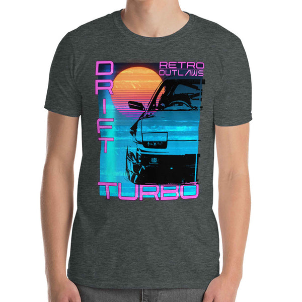 This is our classic Turbo T-Shirt, a tribute to the greatest era of Japanese cars - the 90's. The premium image of the legendary 200sx Type X really makes this shirt pop. The synthwave design give this Drift Shirt a timeless look making it the ideal Car accessory accompaniment and must-have fashion basic for every closet. Ideal for Japanese Car Gift, Cars shirt, car merchandise, Racing shirt, jdm men shirt, and car apparel for men.