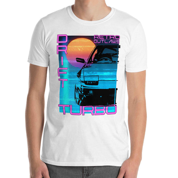 This is our classic Turbo T-Shirt, a tribute to the greatest era of Japanese cars - the 90's. The premium image of the legendary 200sx Type X really makes this shirt pop. The synthwave design give this Drift Shirt a timeless look making it the ideal Car accessory accompaniment and must-have fashion basic for every closet. Ideal for Japanese Car Gift, Cars shirt, car merchandise, Racing shirt, jdm men shirt, and car apparel for men.