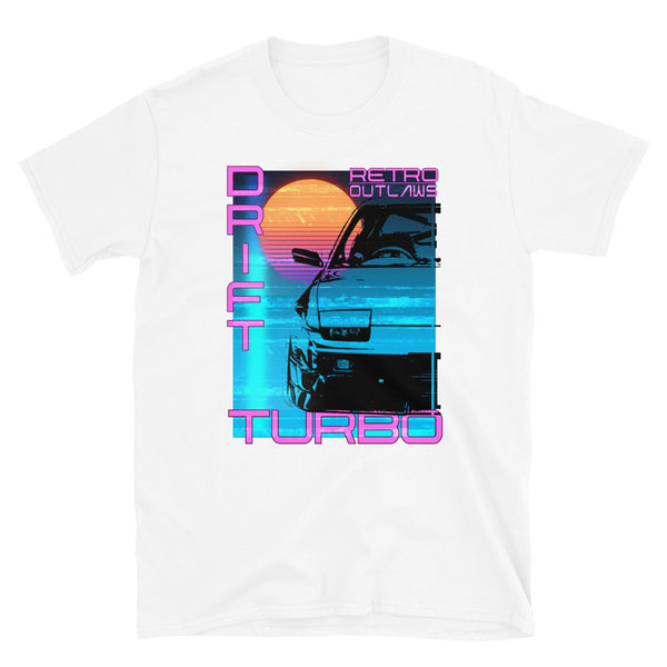 This is our classic Turbo T-Shirt, a tribute to the greatest era of Japanese cars - the 90's. The premium image of the legendary 200sx Type X really makes this shirt pop. The synthwave design give this Drift Shirt a timeless look making it the ideal Car accessory accompaniment and must-have fashion basic for every closet. Ideal for Japanese Car Gift, Cars shirt, car merchandise, Racing shirt, jdm men shirt, and car apparel for men.