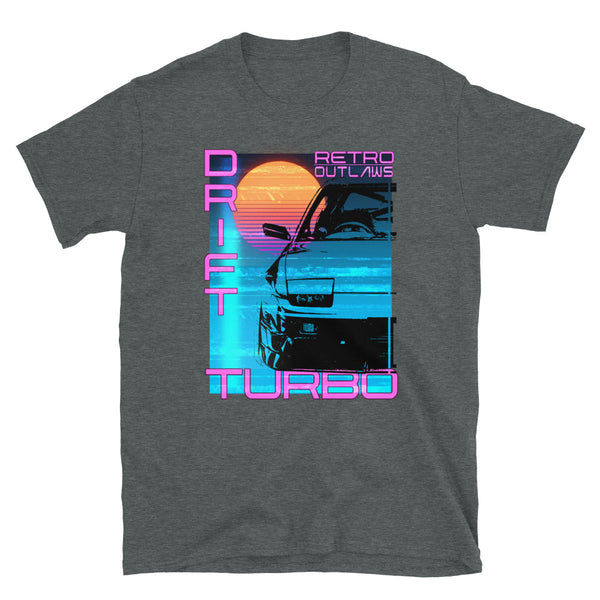 This is our classic Turbo T-Shirt, a tribute to the greatest era of Japanese cars - the 90's. The premium image of the legendary 200sx Type X really makes this shirt pop. The synthwave design give this Drift Shirt a timeless look making it the ideal Car accessory accompaniment and must-have fashion basic for every closet. Ideal for Japanese Car Gift, Cars shirt, car merchandise, Racing shirt, jdm men shirt, and car apparel for men.