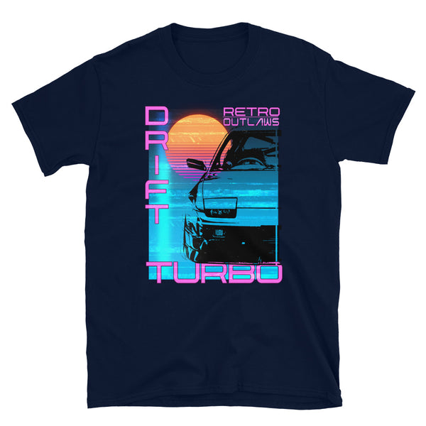 This is our classic Turbo T-Shirt, a tribute to the greatest era of Japanese cars - the 90's. The premium image of the legendary 200sx Type X really makes this shirt pop. The synthwave design give this Drift Shirt a timeless look making it the ideal Car accessory accompaniment and must-have fashion basic for every closet. Ideal for Japanese Car Gift, Cars shirt, car merchandise, Racing shirt, jdm men shirt, and car apparel for men.