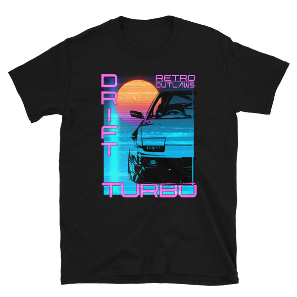 This is our classic Turbo T-Shirt, a tribute to the greatest era of Japanese cars - the 90's. The premium image of the legendary 200sx Type X really makes this shirt pop. The synthwave design give this Drift Shirt a timeless look making it the ideal Car accessory accompaniment and must-have fashion basic for every closet. Ideal for Japanese Car Gift, Cars shirt, car merchandise, Racing shirt, jdm men shirt, and car apparel for men.