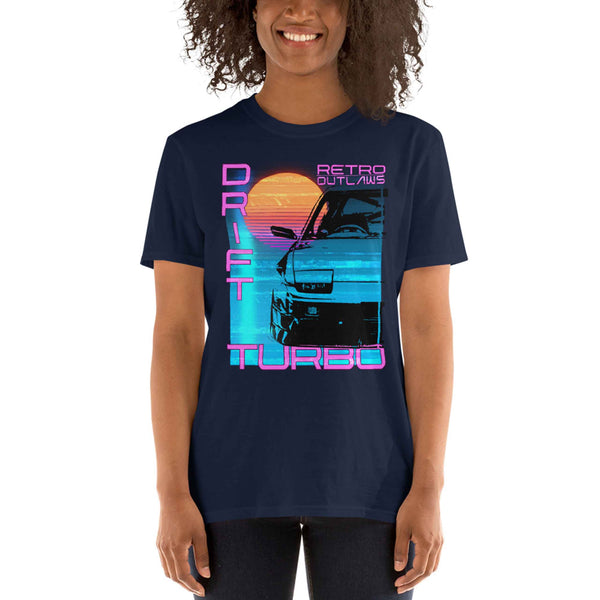 This is our classic Turbo T-Shirt, a tribute to the greatest era of Japanese cars - the 90's. The premium image of the legendary 200sx Type X really makes this shirt pop. The synthwave design give this Drift Shirt a timeless look making it the ideal Car accessory accompaniment and must-have fashion basic for every closet. Ideal for Japanese Car Gift, Cars shirt, car merchandise, Racing shirt, jdm men shirt, and car apparel for men.