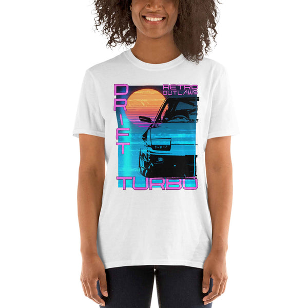 This is our classic Turbo T-Shirt, a tribute to the greatest era of Japanese cars - the 90's. The premium image of the legendary 200sx Type X really makes this shirt pop. The synthwave design give this Drift Shirt a timeless look making it the ideal Car accessory accompaniment and must-have fashion basic for every closet. Ideal for Japanese Car Gift, Cars shirt, car merchandise, Racing shirt, jdm men shirt, and car apparel for men.