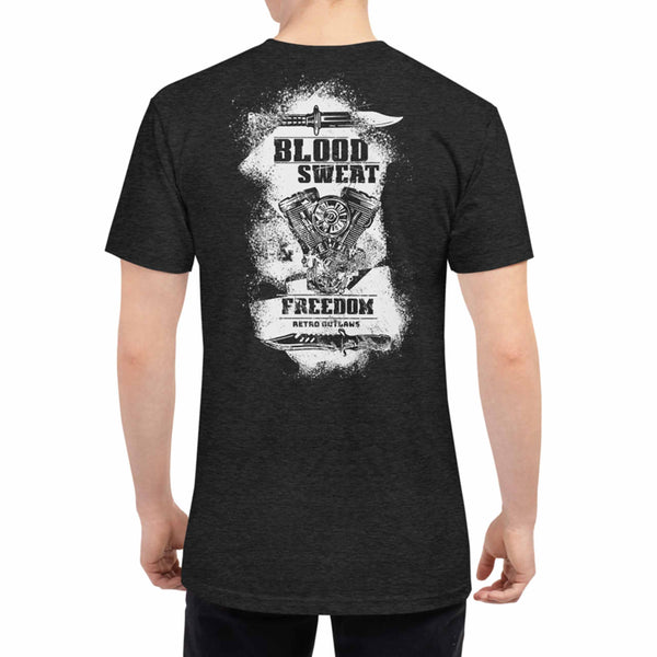 American Freedom Men's Motorcycle Premium Two Sided Shirt  This is our Premium American Freedom T-Shirt in our Outlaw Biker style. The old-school design give this vintage motorcycle shirt a timeless look making it the ideal Biker accessory accompaniment. Our unique design printed back and front is ideal for the Patriotic Veteran and Motorcyclist alike. 