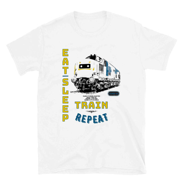 This is our funny Railway Eat Sleep Train Locomotive slogan T-Shirt, a tribute to the classic British Rail Diesel Electric Class 37 engine. Train T-Shirt. Railway T-Shirt, Railway Gift, Locomotive T-Shirt, Locomotive Gift. Great Railroad Shirt Gift for birthday, Christmas, fathers day gift for railroad fans, model train, train, diesel train, electric train, train drivers, Dads, Granddads, Grandpas, Uncles, and anyone with an interest in classic trains etc.