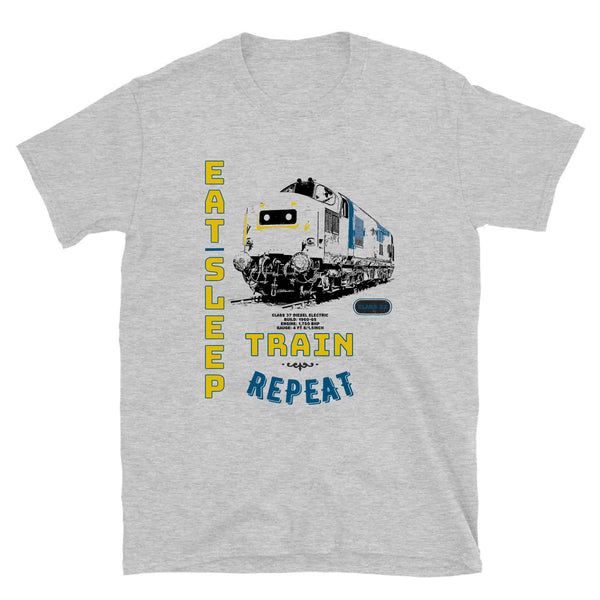 This is our funny Railway Eat Sleep Train Locomotive slogan T-Shirt, a tribute to the classic British Rail Diesel Electric Class 37 engine. Train T-Shirt. Railway T-Shirt, Railway Gift, Locomotive T-Shirt, Locomotive Gift. Great Railroad Shirt Gift for birthday, Christmas, fathers day gift for railroad fans, model train, train, diesel train, electric train, train drivers, Dads, Granddads, Grandpas, Uncles, and anyone with an interest in classic trains etc.