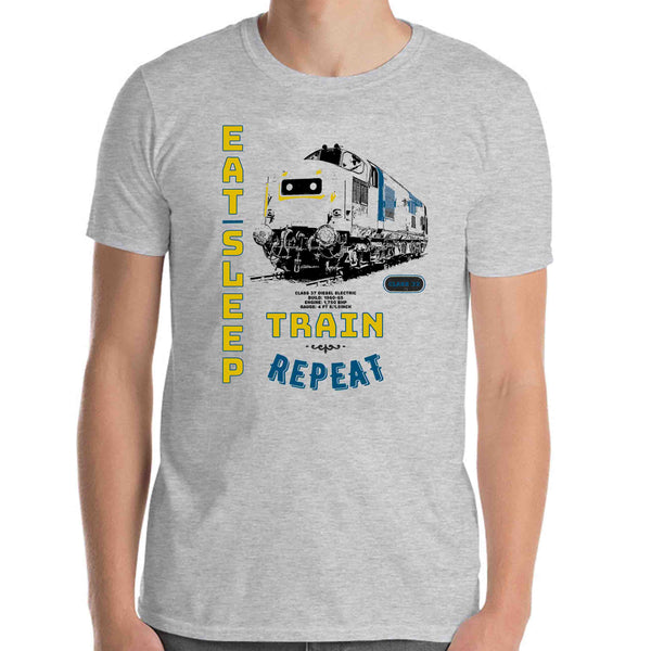 This is our funny Railway Eat Sleep Train Locomotive slogan T-Shirt, a tribute to the classic British Rail Diesel Electric Class 37 engine. Train T-Shirt. Railway T-Shirt, Railway Gift, Locomotive T-Shirt, Locomotive Gift. Great Railroad Shirt Gift for birthday, Christmas, fathers day gift for railroad fans, model train, train, diesel train, electric train, train drivers, Dads, Granddads, Grandpas, Uncles, and anyone with an interest in classic trains etc.