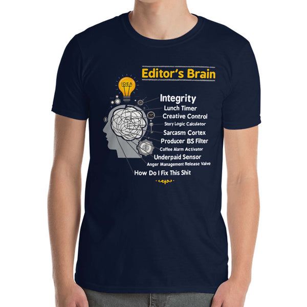 Editor Brain Funny Slogan Video TV Movie Editor T-Shirt. Funny Editor Shirt. Videographer T-Shirt. Funny Videographer T-Shirt. Video Editor T-Shirt. This Editing Shirt is perfect for film editors, video editors, TV editors, Video Editor Shirt, best editor shirt, Video Editor, Video editor gifts. This is our funny Video Editor T-Shirt with a long-suffering list of demands and things editors have to contend with in a typical day. 