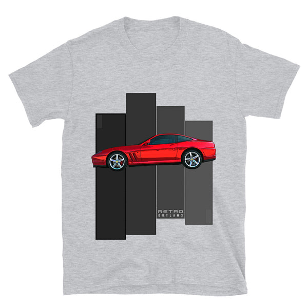 Retro Outlaws classic Ferrari-inspired T-Shirt. Ferrari 575 T-Shirt, Ferrari Gift, Ferrari Mens T-Shirt, Ferrari Shirt, tee. This is our classic Ferrari-inspired Classic tribute shirt. The premium side shot of the sleek Ferrari 575M really makes this shirt pop. The unique design has a timeless look making it the ideal Ferrari accessory accompaniment and must-have fashion basic for every closet. Ideal Ferrari Gift. 