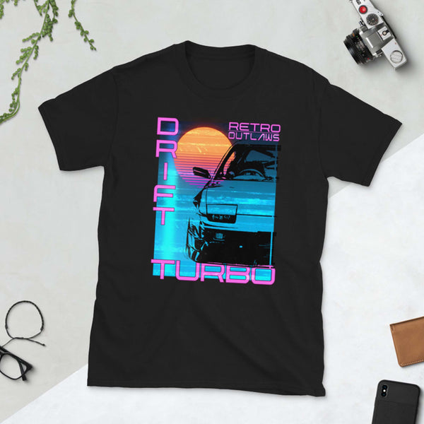 This is our classic Turbo T-Shirt, a tribute to the greatest era of Japanese cars - the 90's. The premium image of the legendary 200sx Type X really makes this shirt pop. The synthwave design give this Drift Shirt a timeless look making it the ideal Car accessory accompaniment and must-have fashion basic for every closet. Ideal for Japanese Car Gift, Cars shirt, car merchandise, Racing shirt, jdm men shirt, and car apparel for men.
