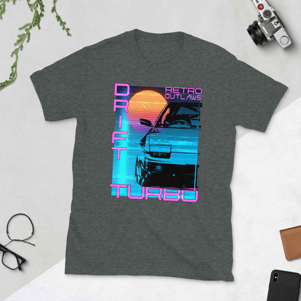 This is our classic Turbo T-Shirt, a tribute to the greatest era of Japanese cars - the 90's. The premium image of the legendary 200sx Type X really makes this shirt pop. The synthwave design give this Drift Shirt a timeless look making it the ideal Car accessory accompaniment and must-have fashion basic for every closet. Ideal for Japanese Car Gift, Cars shirt, car merchandise, Racing shirt, jdm men shirt, and car apparel for men.