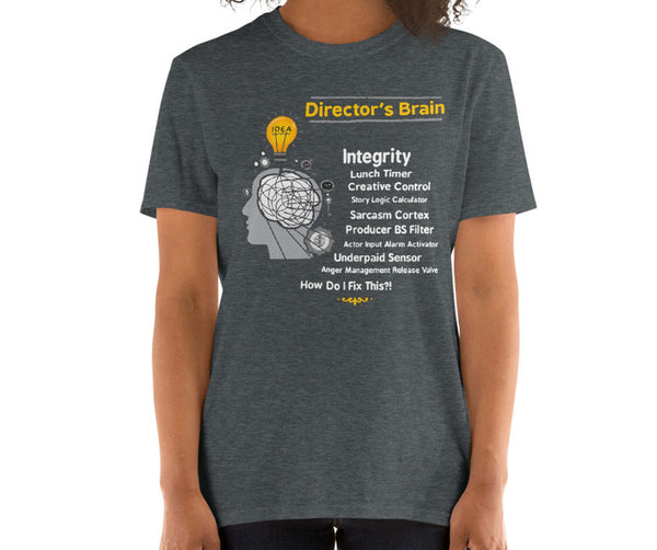 Movie Director's Brain T-Shirt. This is our funny Movie Director Funny Film T-Shirt with a long-suffering list of demands and things Directors have to contend with in a typical day. This Director tee is super soft, comfortable and durable. This Director Shirt is perfect as a Film Director gift, Video Directors, TV Directors, Gifting, Valentines Day, Father's Day, Birthdays, Christmas, Anniversaries, Graduation, and any other Special Occasion. 