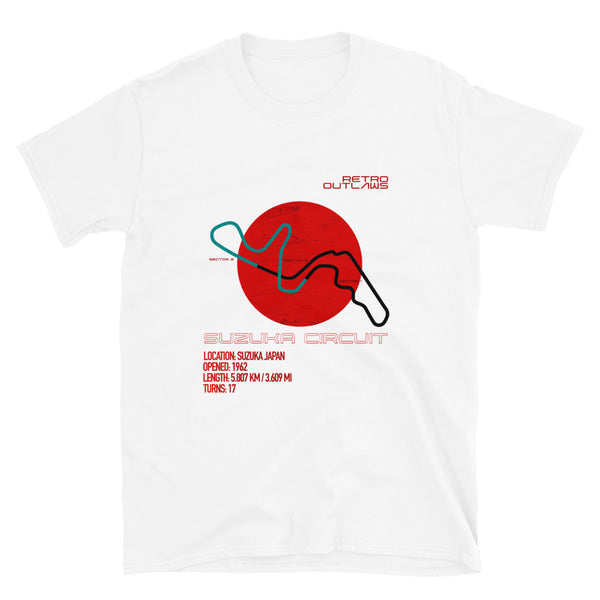 Suzuka Circuit Retro Race Track T-Shirt. This is our Motorsport F1 Suzuka tribute T-Shirt with retro racetrack design. F1 Shirt, F1 Tee, Formula 1 T-Shirt. The shirt features a classic-styled Suzuka motor circuit including the 3 Sectors with the Japanese flag, giving this great race track apparel piece a timeless look