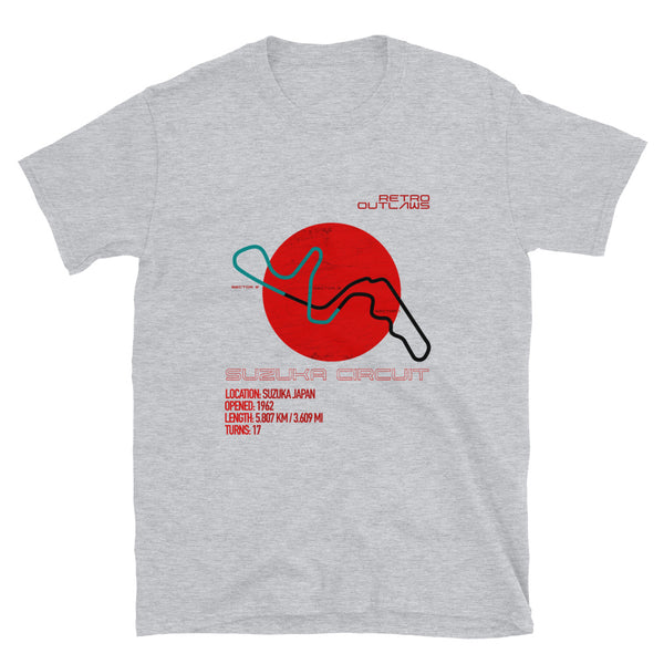 Suzuka Circuit Retro Race Track T-Shirt. This is our Motorsport F1 Suzuka tribute T-Shirt with retro racetrack design. F1 Shirt, F1 Tee, Formula 1 T-Shirt. The shirt features a classic-styled Suzuka motor circuit including the 3 Sectors with the Japanese flag, giving this great race track apparel piece a timeless look