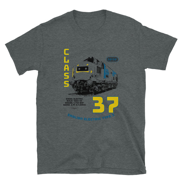 Diesel Train Enthusiast T-Shirt. This is our classic British Rail Diesel Electric Class 37 tribute shirt. The three-quarter front premium image of the legendary Class 37 really makes this mens railroad shirt pop. The old-school design give this vintage locomotive shirt a timeless look making it the ideal Train accessory accompaniment and must-have fashion basic for every closet. Ideal Diesel Electric Train Gift.