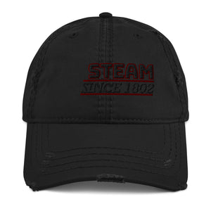 Railroad Steam Baseball Cap This is our Steam Locomotive distressed Cap exuding retro-cool. This is in the style of the fashionable dad hat with a slightly distressed brim and crown fabric. Train hat, steam train hat, diesel train hat, diesel train apparel. 
