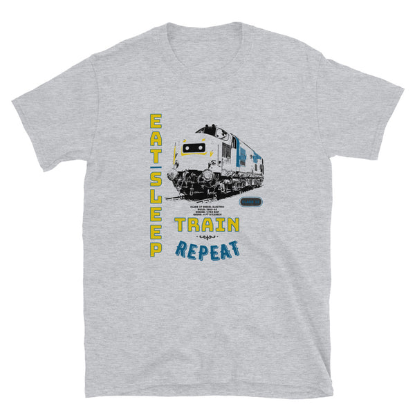 This is our funny Railway Eat Sleep Train Locomotive slogan T-Shirt, a tribute to the classic British Rail Diesel Electric Class 37 engine. Train T-Shirt. Railway T-Shirt, Railway Gift, Locomotive T-Shirt, Locomotive Gift. Great Railroad Shirt Gift for birthday, Christmas, fathers day gift for railroad fans, model train, train, diesel train, electric train, train drivers, Dads, Granddads, Grandpas, Uncles, and anyone with an interest in classic trains etc.