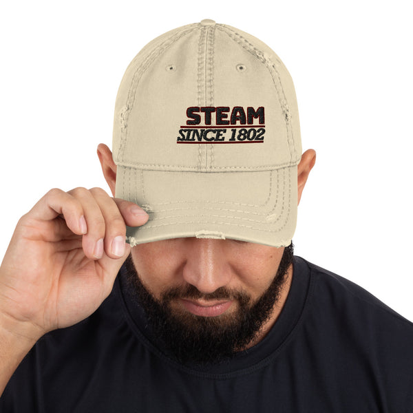Railroad Steam Baseball Cap This is our Steam Locomotive distressed Cap exuding retro-cool. This is in the style of the fashionable dad hat with a slightly distressed brim and crown fabric. Train hat, steam train hat, diesel train hat, diesel train apparel. 