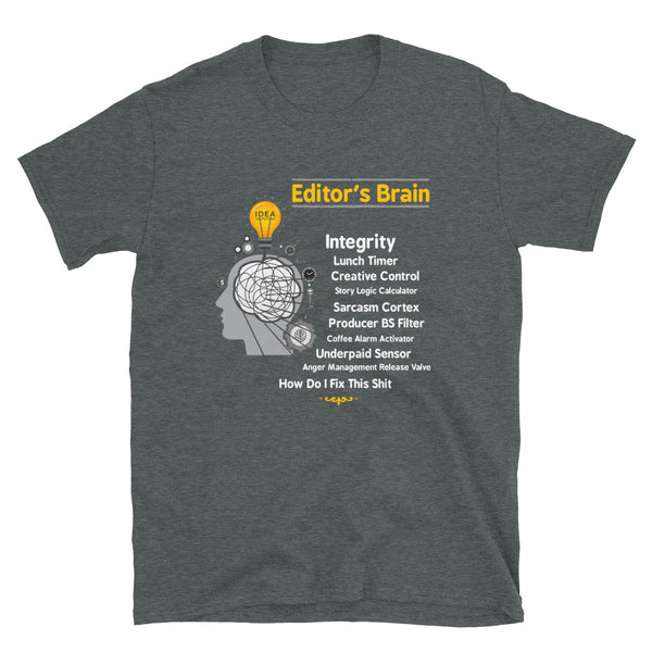 Editor Brain Funny Slogan Video TV Movie Editor T-Shirt. Funny Editor Shirt. Videographer T-Shirt. Funny Videographer T-Shirt. Video Editor T-Shirt. This Editing Shirt is perfect for film editors, video editors, TV editors, Video Editor Shirt, best editor shirt, Video Editor, Video editor gifts. This is our funny Video Editor T-Shirt with a long-suffering list of demands and things editors have to contend with in a typical day. 