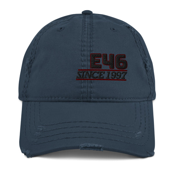 E46 Vintage Baseball Cap apparel. This is our BMW E46 distressed Cap exuding retro-cool. This is in the style of the fashionable dad hat with a slightly distressed brim and crown fabric. Great for: e46 apparel, e46 hat, e46 shirt, 36 birthday gift., bmw e46 classic car. 