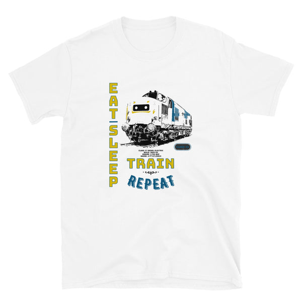 This is our funny Railway Eat Sleep Train Locomotive slogan T-Shirt, a tribute to the classic British Rail Diesel Electric Class 37 engine. Train T-Shirt. Railway T-Shirt, Railway Gift, Locomotive T-Shirt, Locomotive Gift. Great Railroad Shirt Gift for birthday, Christmas, fathers day gift for railroad fans, model train, train, diesel train, electric train, train drivers, Dads, Granddads, Grandpas, Uncles, and anyone with an interest in classic trains etc.