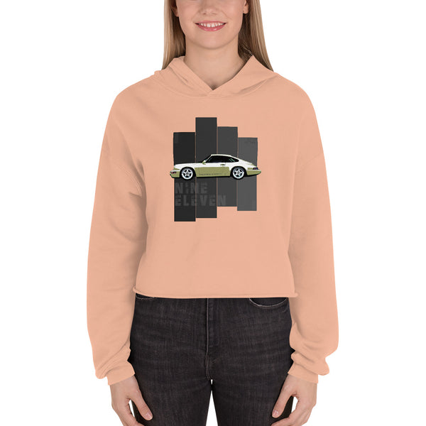 Porsche Nine Eleven Women's Retro Cropped Car Hoodie for Ladies who love Porsches with cool 911 Car design. Porsche Women's Club, Porsche Women's Hoodie, Porsche 911 Cropped Hoodie, Cropped Hoodie for Women, Retro Cropped Hoodie.