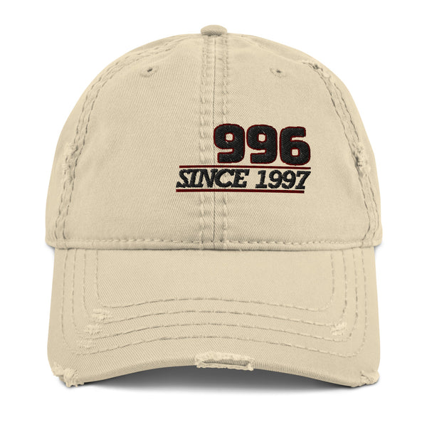 Porsche 996 Baseball Cap This is our Porsche 996 distressed Cap oozing retro-cool. This is in the style of the fashionable dad hat with a slightly distressed brim and crown fabric. Porsche 996 Hat, Porsche 996 Shirt, Porsche 996 Apparel, Porsche 996 C2, Porsche 996 Turbo, Porsche 996 Gifts. 996 Mens. 