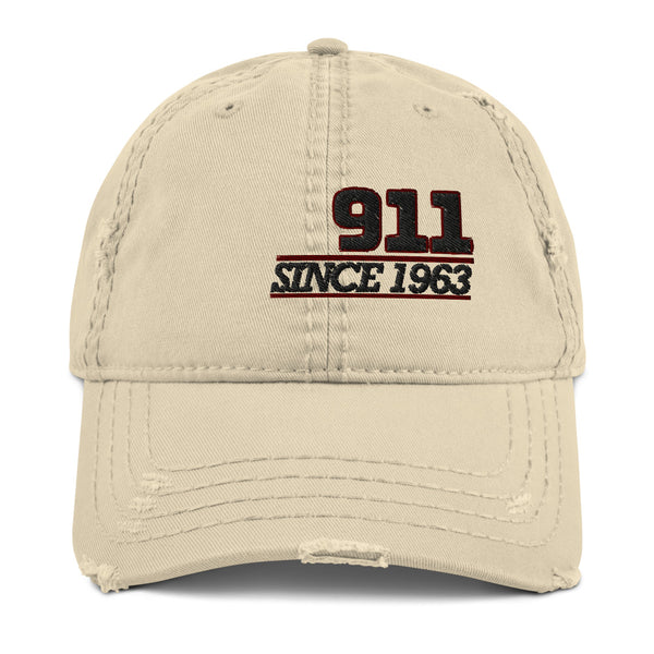 Nine Eleven 1963 Baseball Cap This is our classic Porsche Outlaw Distressed Baseball Cap exuding retro-cool, vintage fashionable dad hat, distressed brim and crown fabric,  Ideal Porsche gift for Birthday, Xmas, Valentines day or just for yourself.